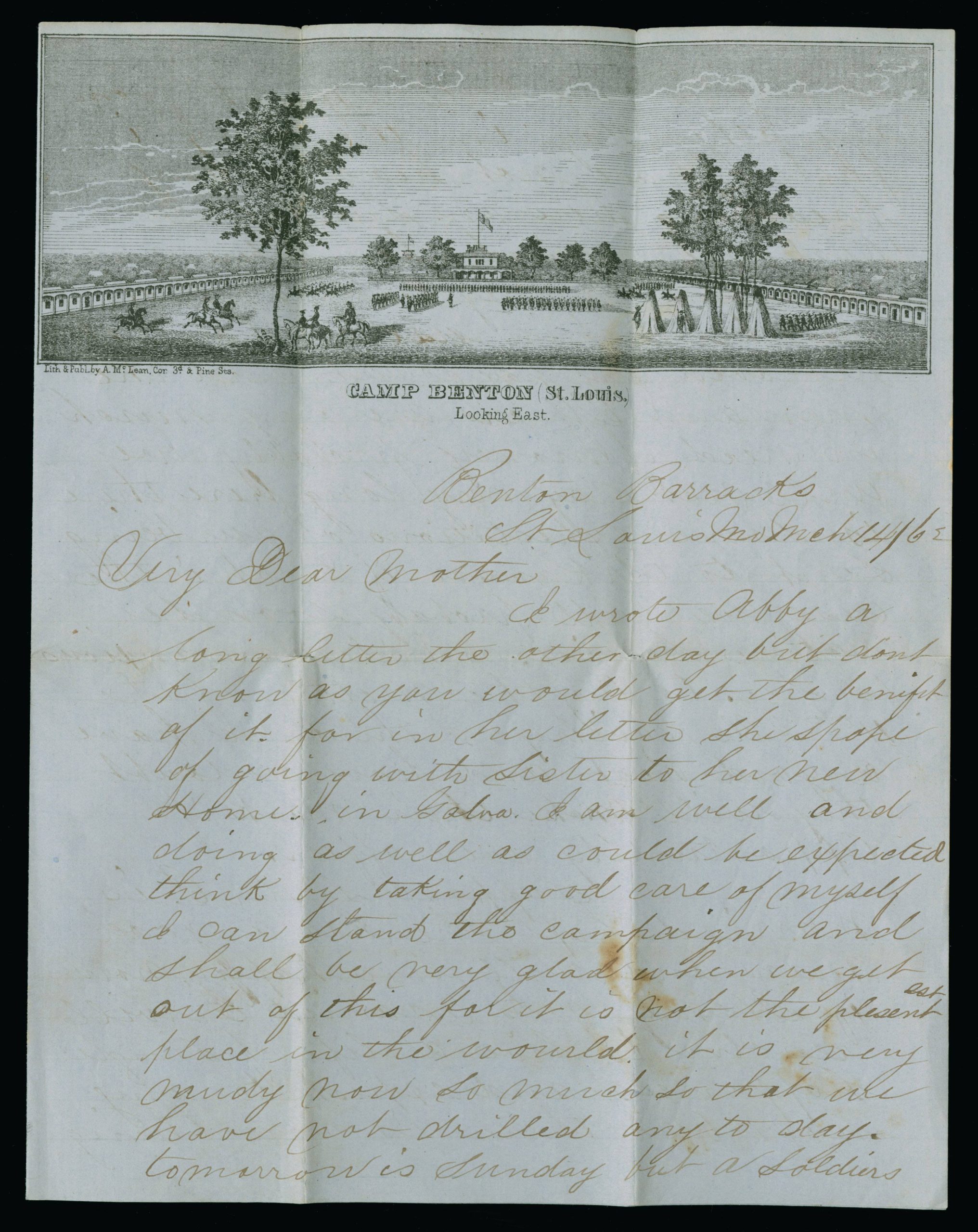 Single column of handwritten cursive text in brown ink on blue paper. At the top is a print from an engraving of an army training camp with soldiers in formation.
