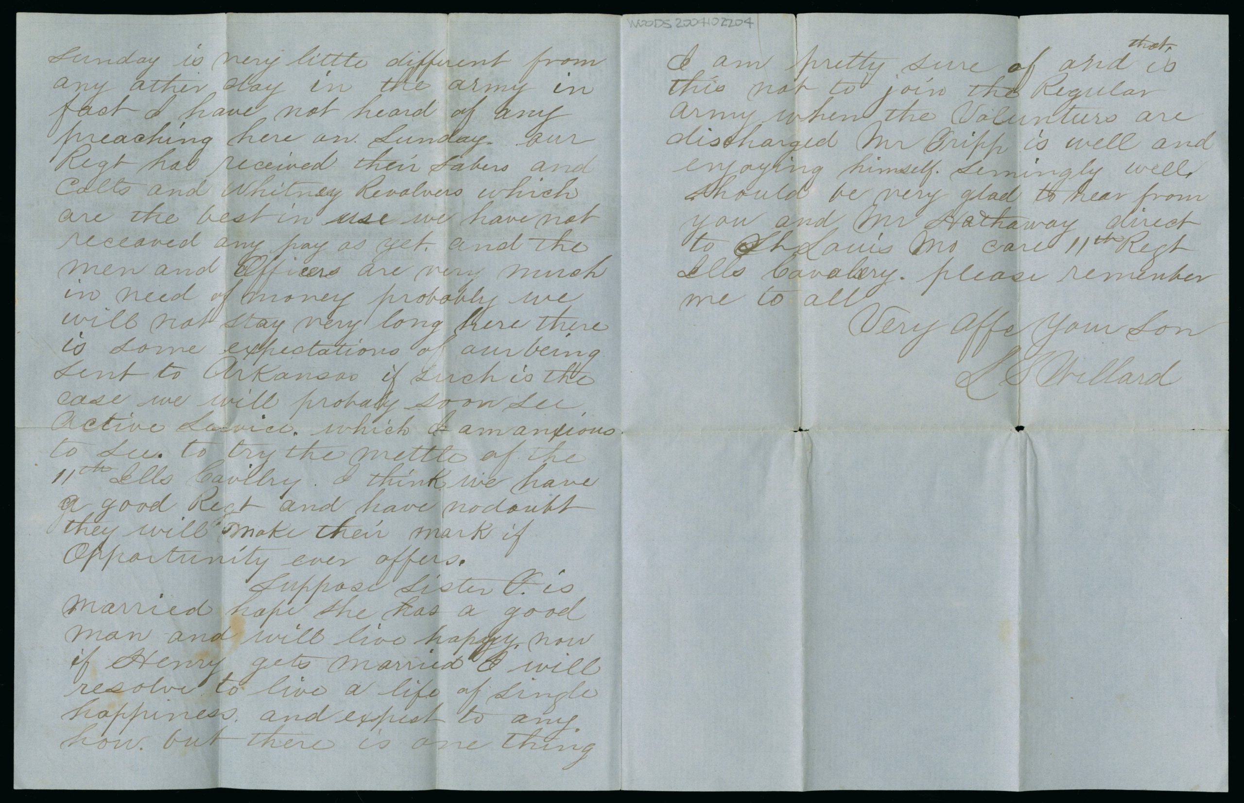 Handwritten letter in cursive. Brown in ink on blue paper. Two columns of text.