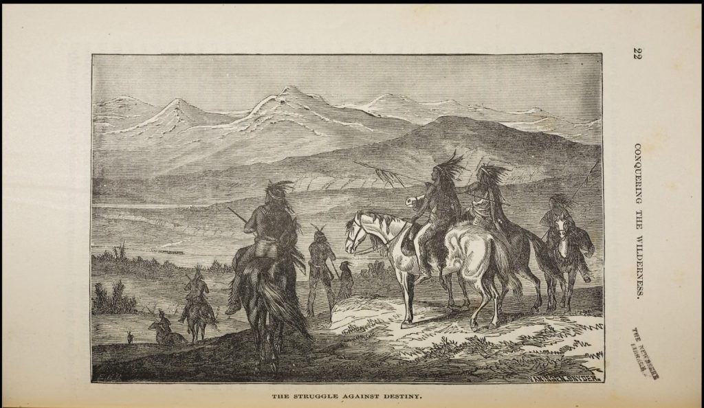 Hand-drawn image of seven or so Native men in horses. They wear feathered headdresses and carry spears. They appear to be looking at something in the distance. They are on the edge of a hill in a mountainous area.