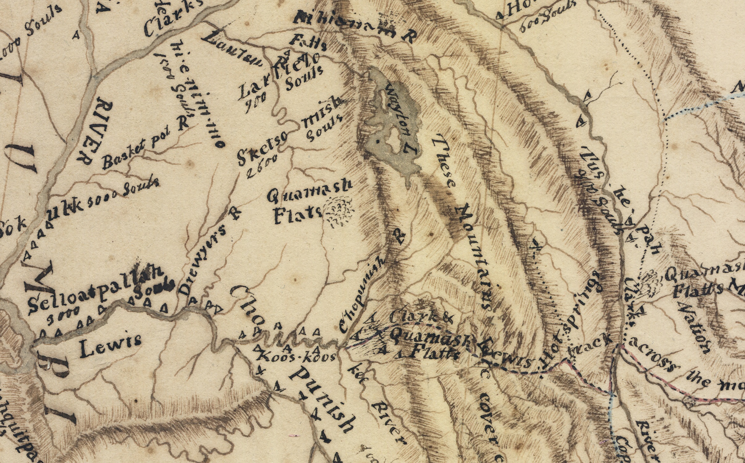 Close-up of a hand-drawn map depicting rivers, mountains, lakes, and many Indigenous settlements.