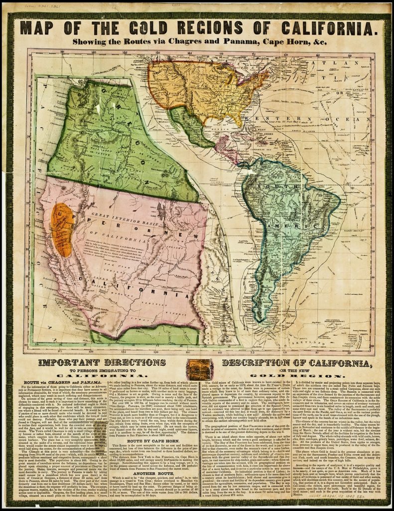 Two colored maps above blocks of text. The left-hand map is a close-up of Oregon and Northern California with gold regions highlighted in orange. The right-hand map shows the Americas from the top of the continental US to the tip of South America and has different routes to California marked on it. Below the maps are large blocks of text, titled, "Important Directions to Persons Emigrating to California" and "Descriptions of California."