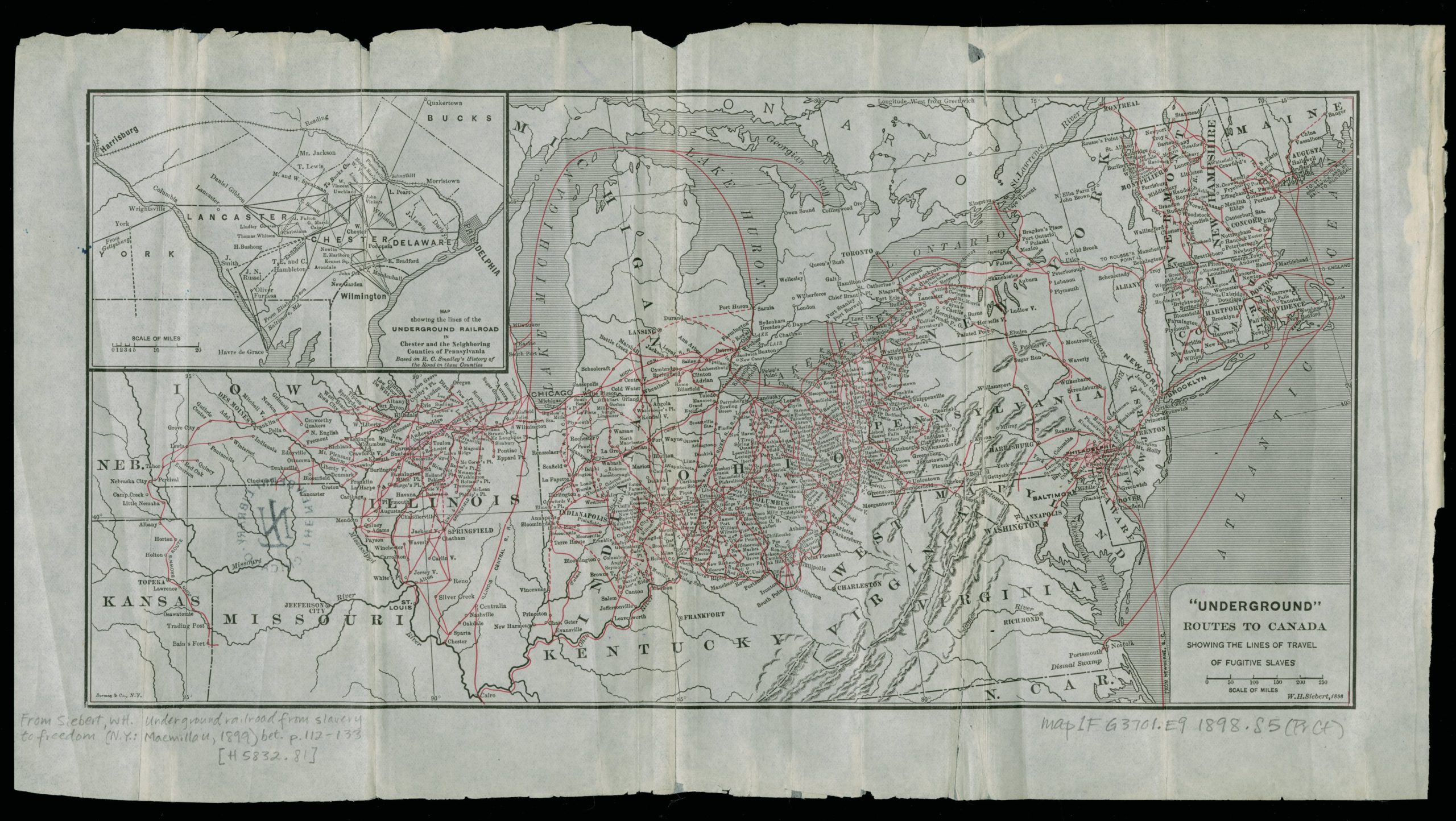 A printed map showing Underground Railroad routes used by fugitive slaves in the United States until 1865.; Roughly bounded by southern Ontario, Maine, Virginia, Iowa, and Lake Michigan