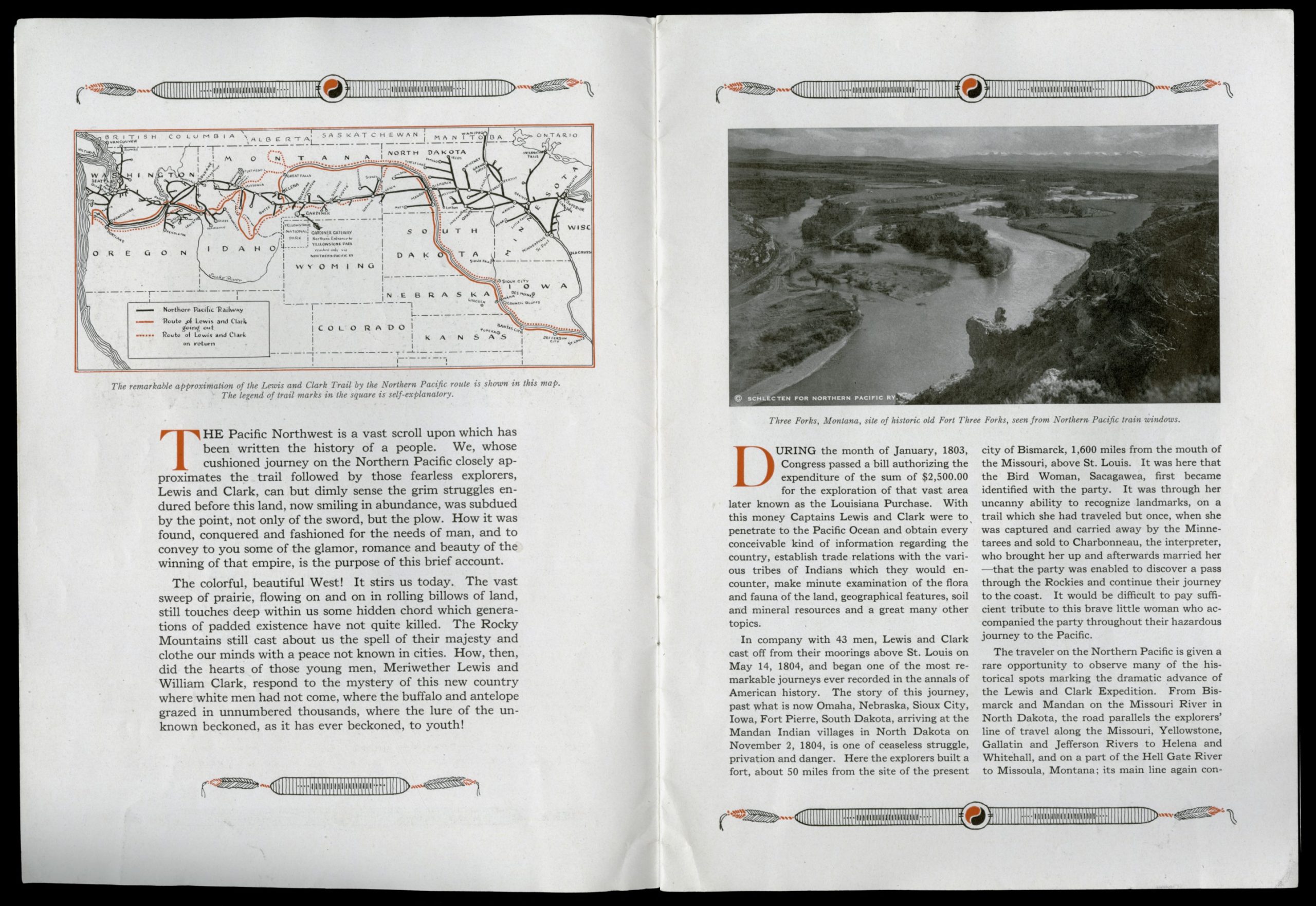 Two-page spread of the interior of a pamphlet. In the upper left is a railroad map showing routes across the upper western United States. In the upper right is a black-and-white photo of a bend in a river. Below there are paragraphs of text. The headers and footers are decorated with feathers for an "Indian" feel.
