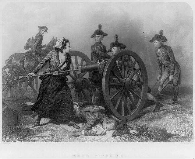 Engraving of a woman in colonial dress standing in front of a cannon pushing a rammer down its barrel. A soldier lays collapsed at her feet, and others stand behind the cannon.