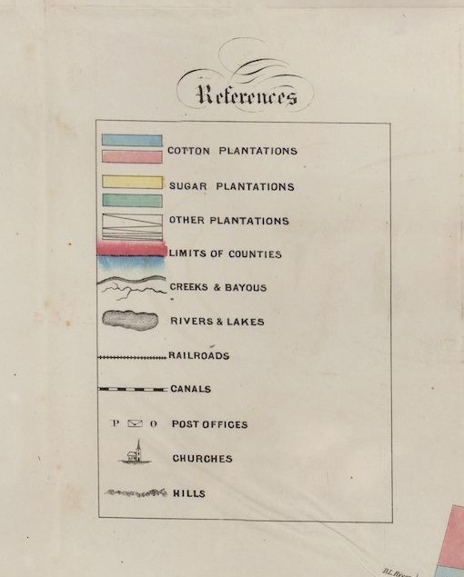 Detail of the a map key entitled "References." The shows cotton plantations (blue and pink), sugar plantations (yellow and green), other plantations (diagonal lines), county limits, creeks and bayous, rivers and lakes, railroads, canals, post offices, churches, and hills.