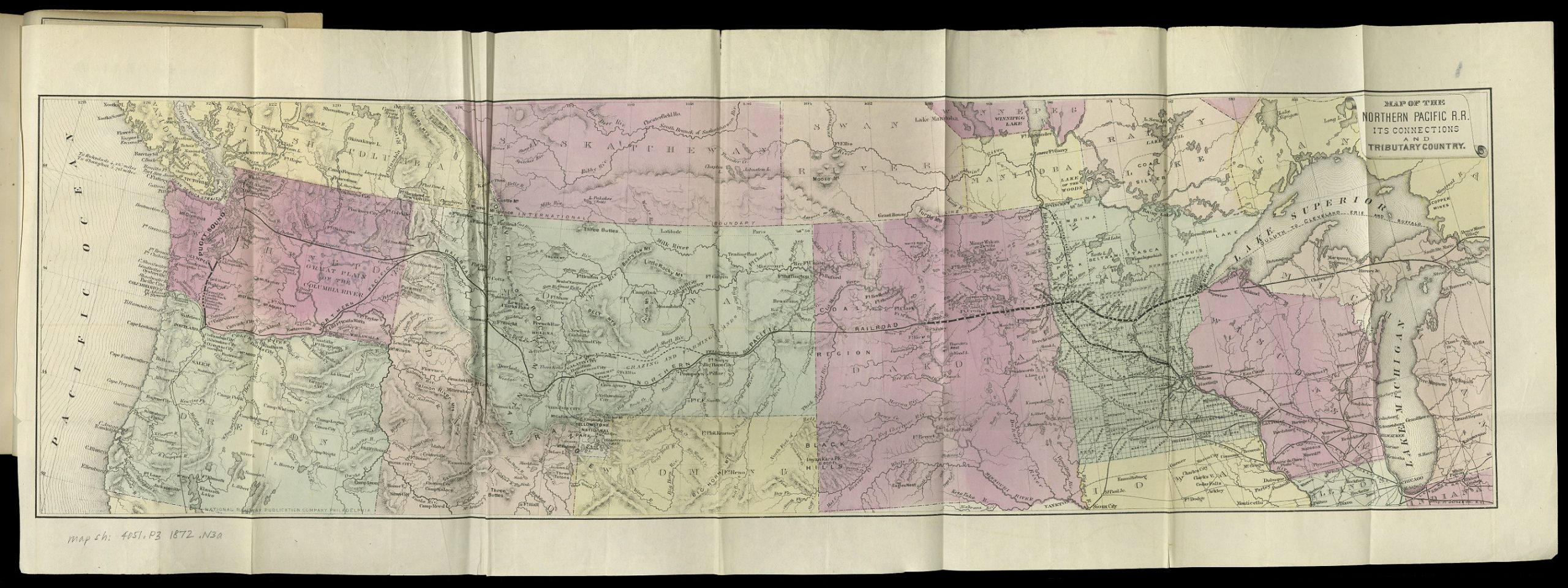 Fold-out map depicting the railroad route from the northern end of Lake Michigan through Wisconsin, Minnesota, North Dakota, Montana, northern Idaho, and Washington state.