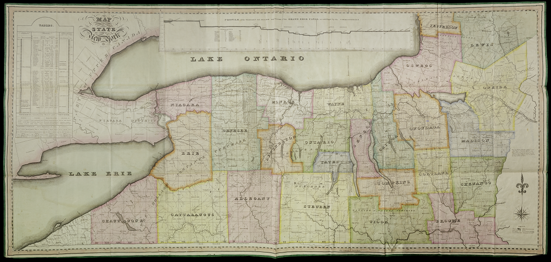 Map showing the State of New York from Lake Eire in the west, Lake Ontario and Jefferson and Lewis Counties in the north, Oneida through Broome Counties in the east, and Chautauqua through Broome counties in the south