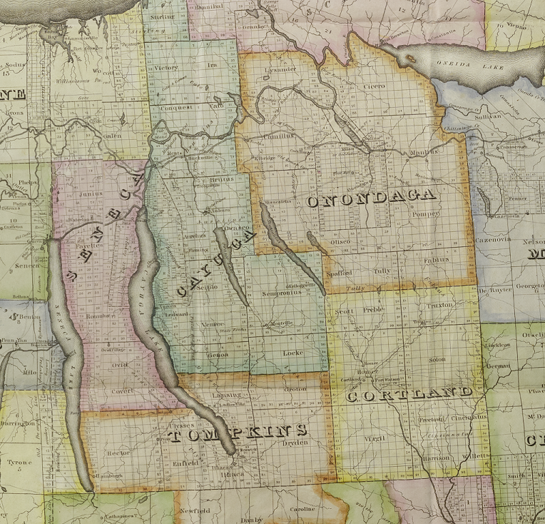 Detail of map of Onondaga, Cayuga, and Seneca Counties.