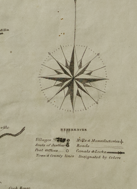 Black-and-white 16-point compass rose with "References" key below. Key identifies villages, seats of justice, post offices, town and county lines, mills and manufactoires [sic], roads, and canals and locks.