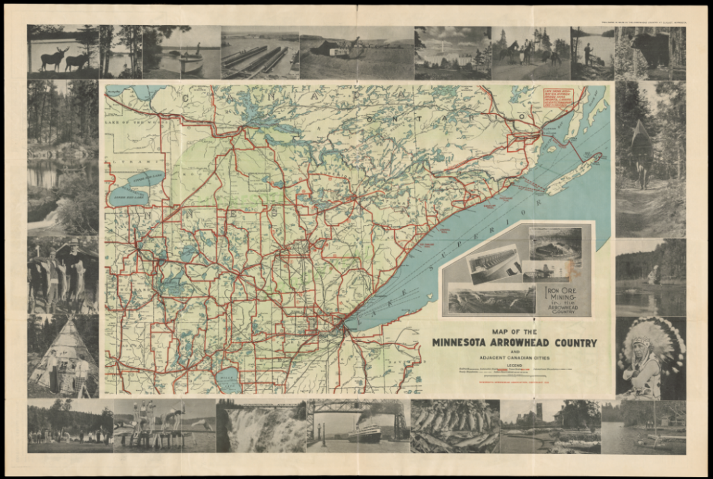 Colored map showing roads and bodies of water. Surrounded by a border of black-and-white photos advertising the local area, including photos of forests, lakes, Native people, moose and bear, and homes,