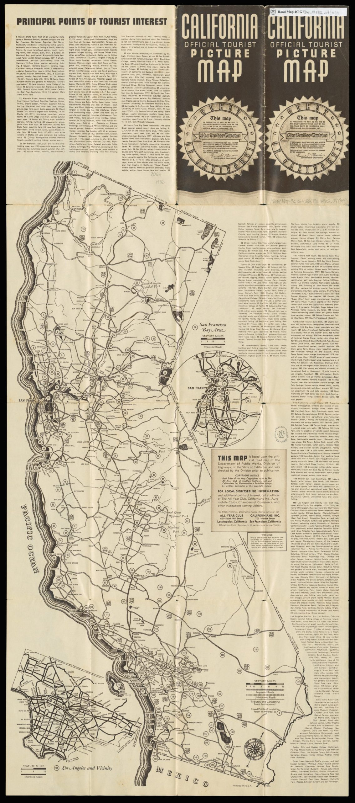 A black-and-white unfolded sixteen square brochure depicting a road map of the state of California alongside text describing "Principle Points of Tourist Interest."