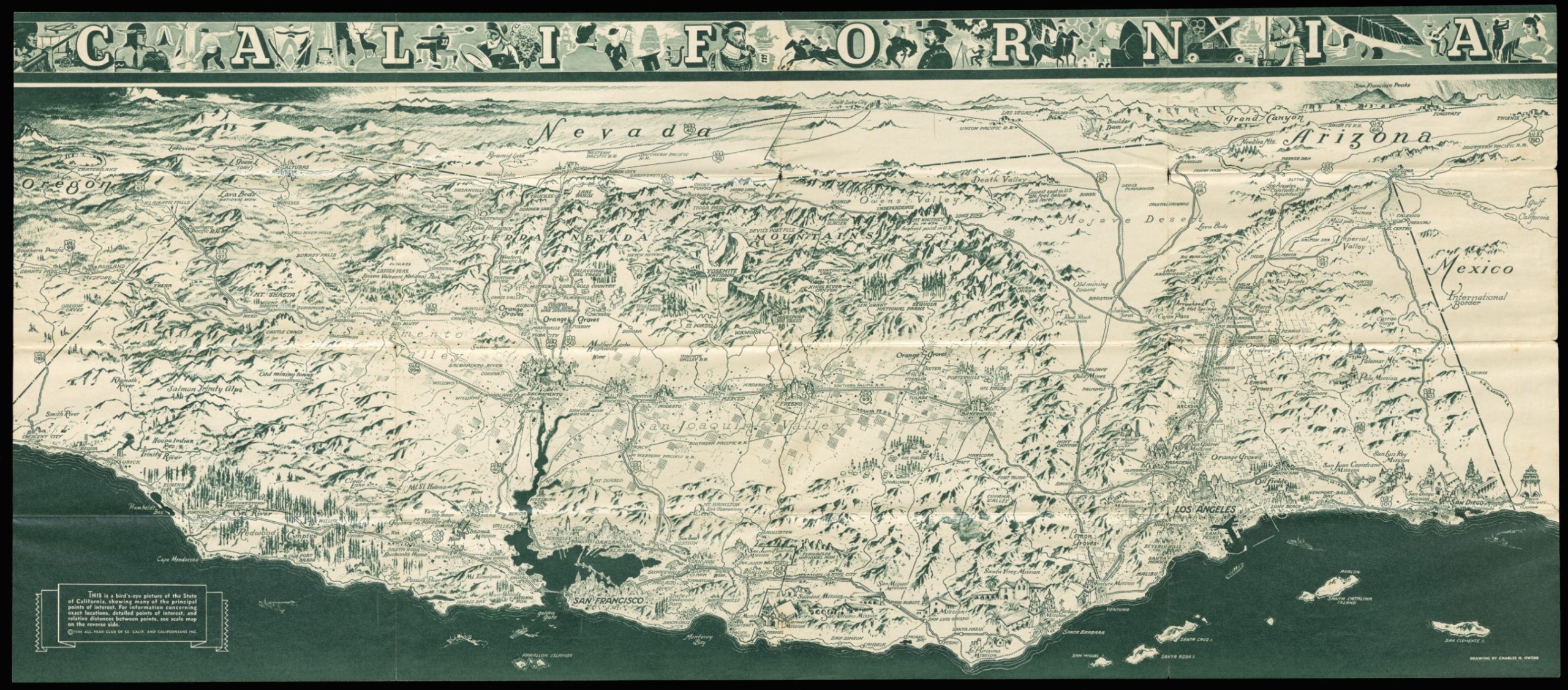 Illustrated map of California looking from the coast inland. Mountains, trees, and buildings are depicted in three dimensions.