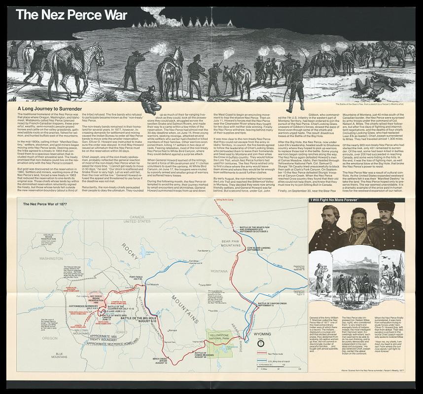 Full National Park Service brochure, including a large map showing the movement of different groups during the Nez Perce War, at etching of a US Army attack on a Nez Perce camp, photos of military leaders from both sides, and text.