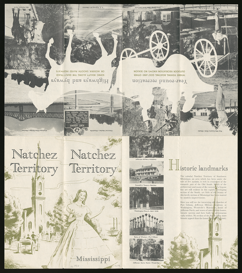 Eight-panel folded pamphlet. The lower left two panels depict drawing of a stereotypical “Southern belle,” a young white woman wearing an 1860s-period hoop skirt dress. Other panels show black-and-white pictures of rivers, golfers, historic markers, planation mansions, and horse-drawn carriages.