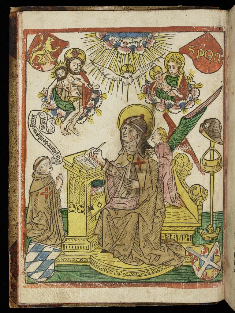Colored drawing of a nun (St. Bridget) writing at a writing desk. An angel whispers in her ear while a monk prays next to her. Above her head is a dove descending from a burst of light representing the Holy Spirit. On either side of the dove are depictions of Jesus Christ. On the left, God the father (an older man with a beard) holds him after he was taken down from the cross. On the right, the Virgin Mary holds him as a baby. All the figures are white.