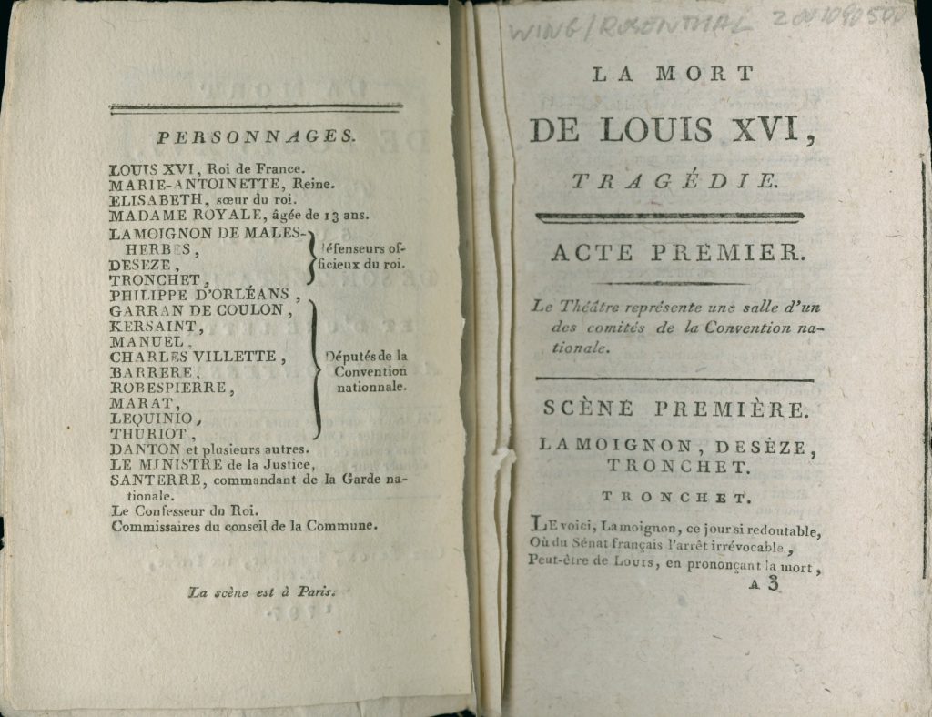 Two pages of printed text in French. On the left-hand page is a list of characters in the play. On the right-hand page is information about the play.