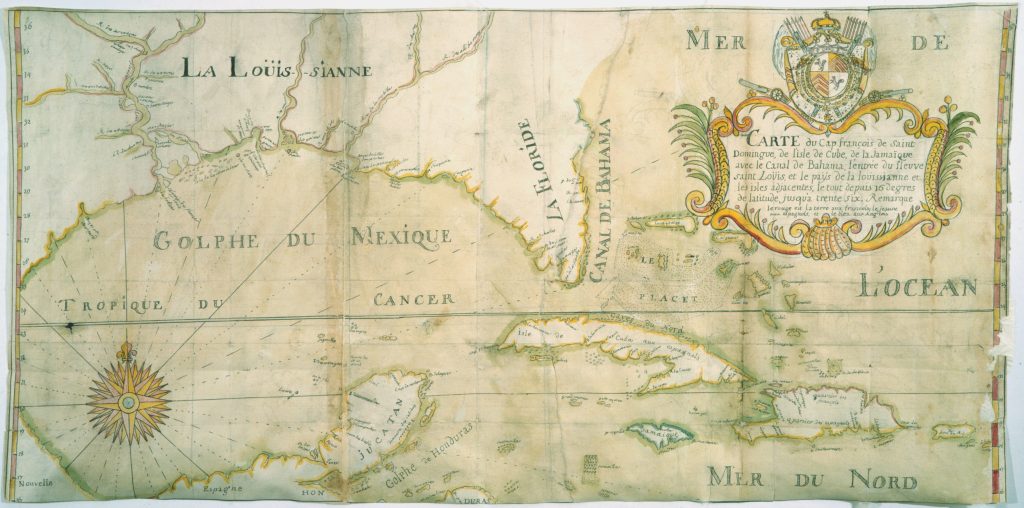Watercolor map of the Gulf of Mexico with the Yucatan Peninsula, Florida, Cuba, Hispaniola, Jamaica, and Puerto Rico.