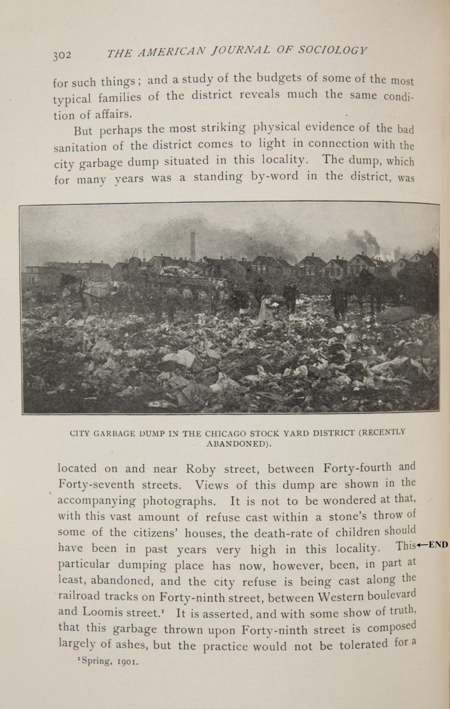 Single page of printed text with black-and-white photograph showing people picking through piles of trash.