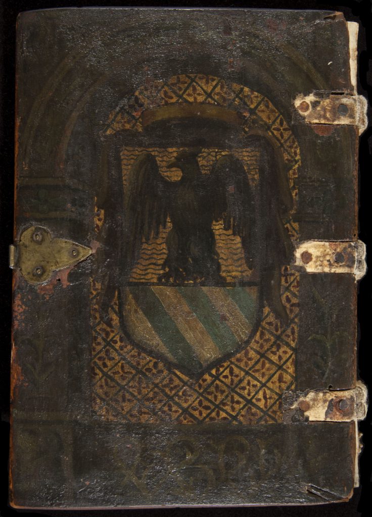 Back cover of an early printed book decorated with a coat of arms on a patterned background. The arms are an eagle on a field of gold above white and green diagonal stripes.