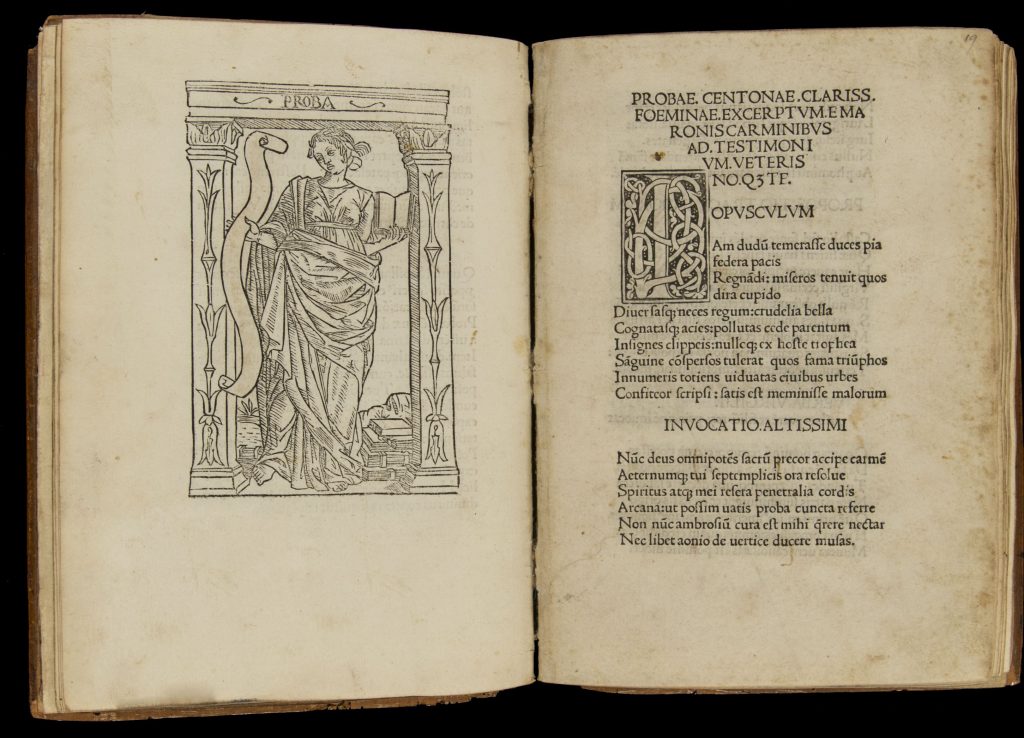 Two-page spread of an early printed book. On the left is a printed engraving of a woman wearing Roman dress standing between two columns which hold up a lintel labeled "Proba." She holds a scroll in her left hand and an open book in her right. On the right-hand page is a column of printed text in Latin with a printed decorative capital.