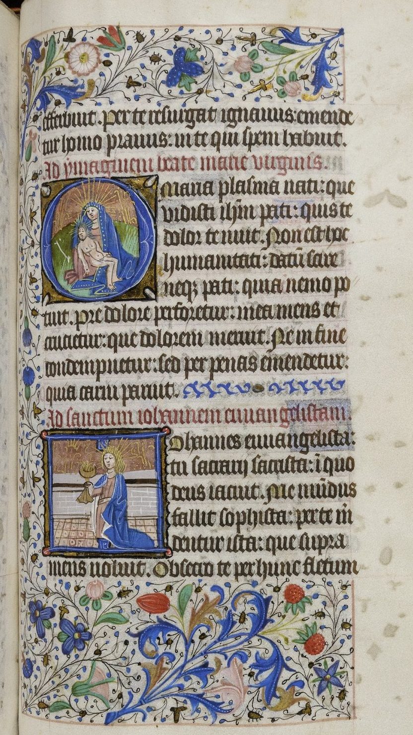 Page of an illuminated medieval manuscript. A border of leaves and flowers surrounds Latin text handwritten in black. There are two small images within the text. In the upper left the Virgin Mary holds Jesus inside of an illuminated "O." In the lower left, a person with a halo and a blue cloak holds a goblet.