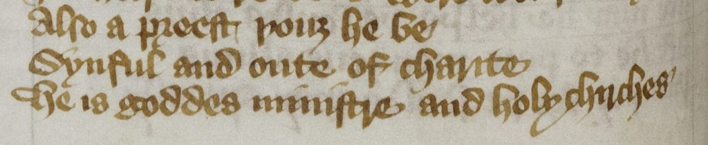 Detail of three lines of handwritten Middle English text on vellum.