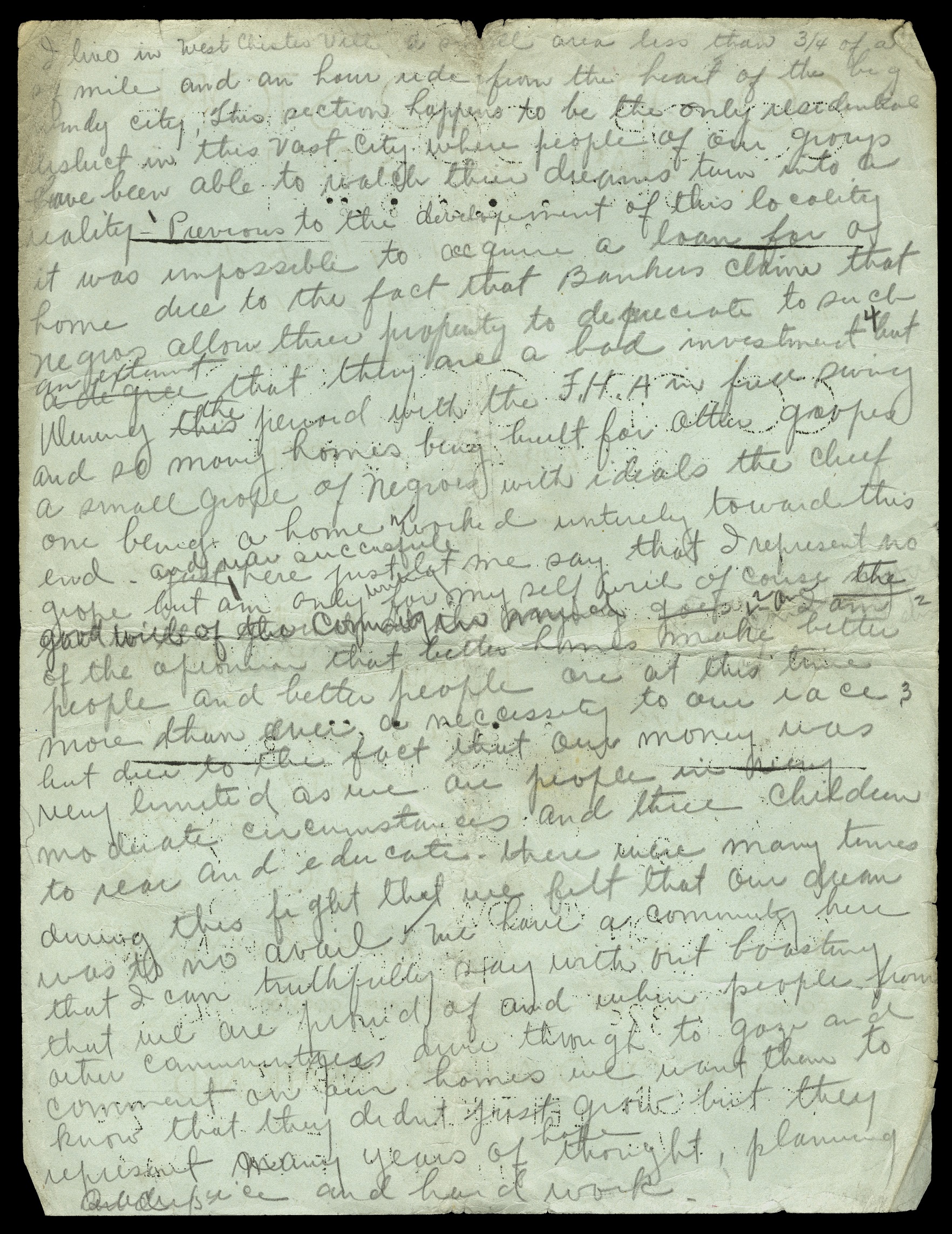 Single page of cursive text in pencil. The text describes the author's experiences and advocates for better housing access for African Americans in Chicago
