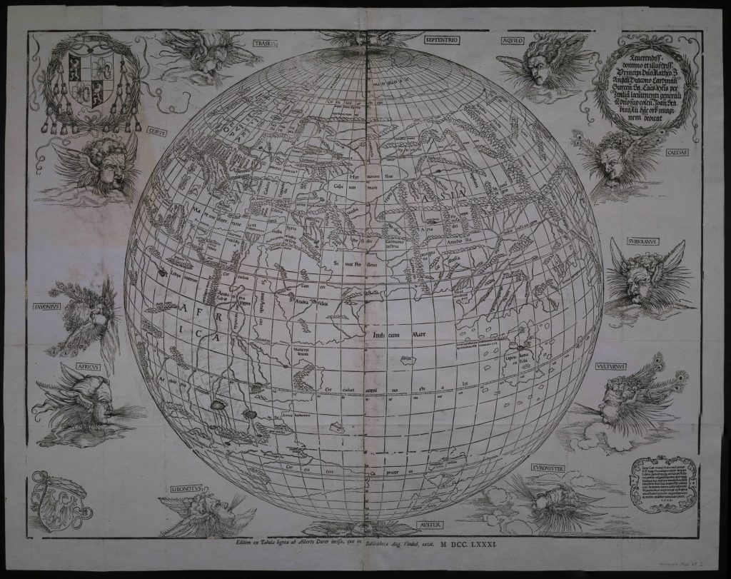 Drawing of the globe focusing on central Asia and the Indian Ocean. Around the globe are depictions of the ten winds as winged heads blowing air toward the globe. In the upper and lower left-hand corners are crests. In the upper and lower right-hand corners are paragraphs of text within decorative borders.