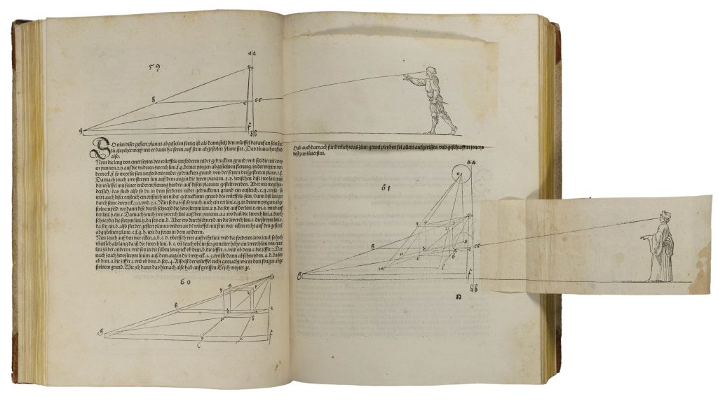 Two-page spread of a book with drawings and text illustrating how to measure lengths with trigonometry. A fold-out flap is attached to the lower right-hand page. When open, the flap extends the diagram on the page to show a man looking at a given point on the main daigram.