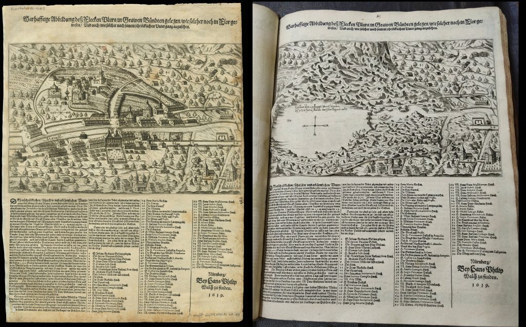 Two copies of the same printed broadside placed next to each other. The left-hand one shows the town of Plurs nestled among trees. The left-hand one has a flap that covers the town, showing the landslide that destroyed it and the lake that formed afterwards.