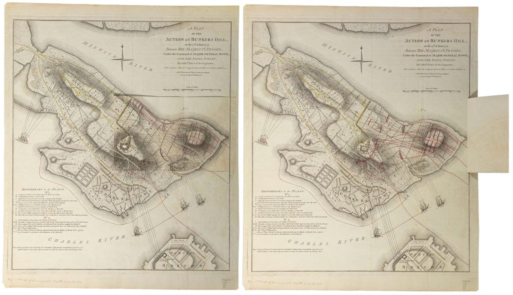 Two images of the same map of Charlestown in Boston, showing Bunker and Breeds Hills. A flap covers Bunker Hill on the left-hand map, showing British and Continental troop positions at the beginning of the battle. The flap is open on the right-hand map, showing how British troops advanced to take the hills.