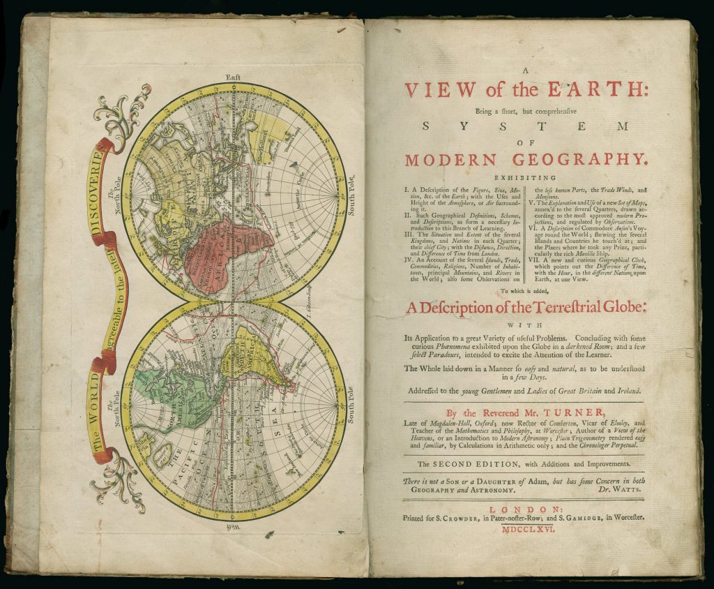 Two-page spread of a printed book. The title page is on the right printed in red and black. On the left is a hand-colored map of the world in two spheres laid out horizontally on the page with the South Pole facing the binding. The Americas are in the lower globe and Eurasia is in the upper globe.
