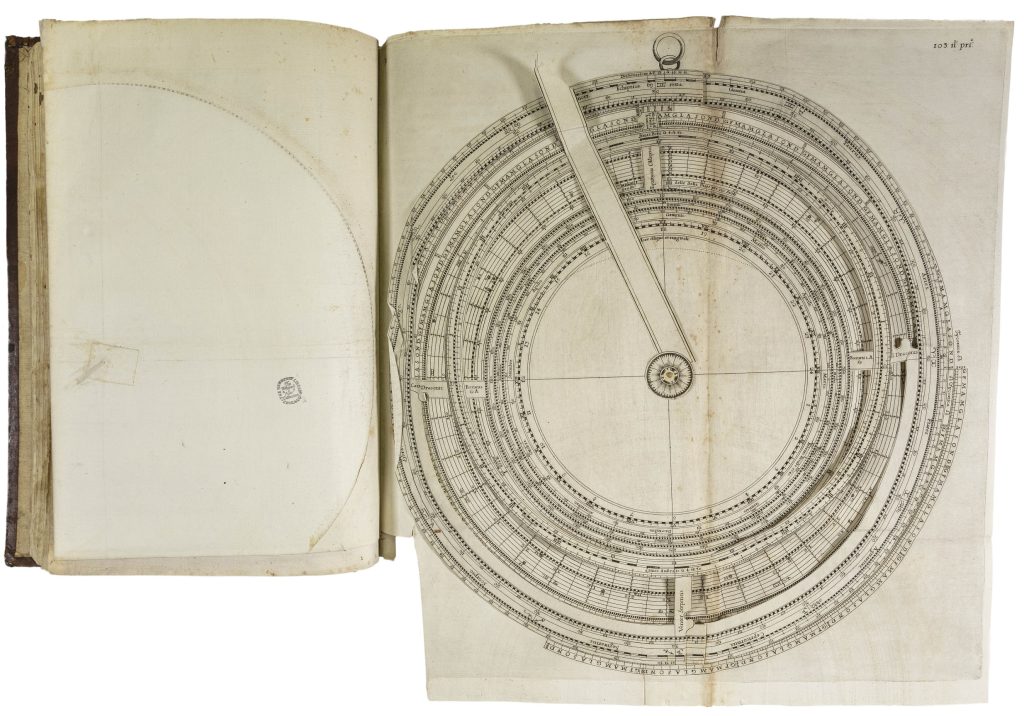 Fold-out page of a book featuring a complex series of stacked rotating disks (volvelles) with mathematical information. Because the book has been bound too tightly, though, the volvelles are folded in on themselves where they meet the binding and can't turn.