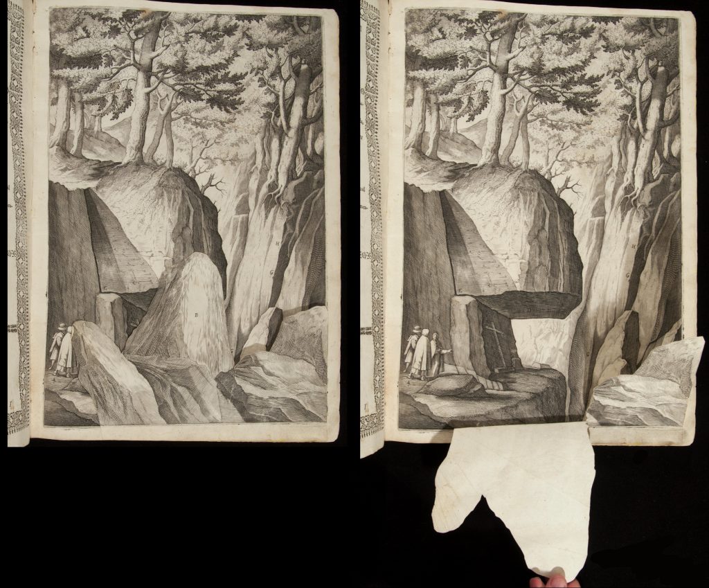 Two images of the same illustration side-by-side. The illustration is a black-and-white engraving of two white people walking through a gully of tall rocks with trees growing on their tops. In the left-hand image, rocks appear to block their path. In the right-hand image, someone holds open a flap that reveals a third white person pointing to a sheltered overhang in which there is a large cross.