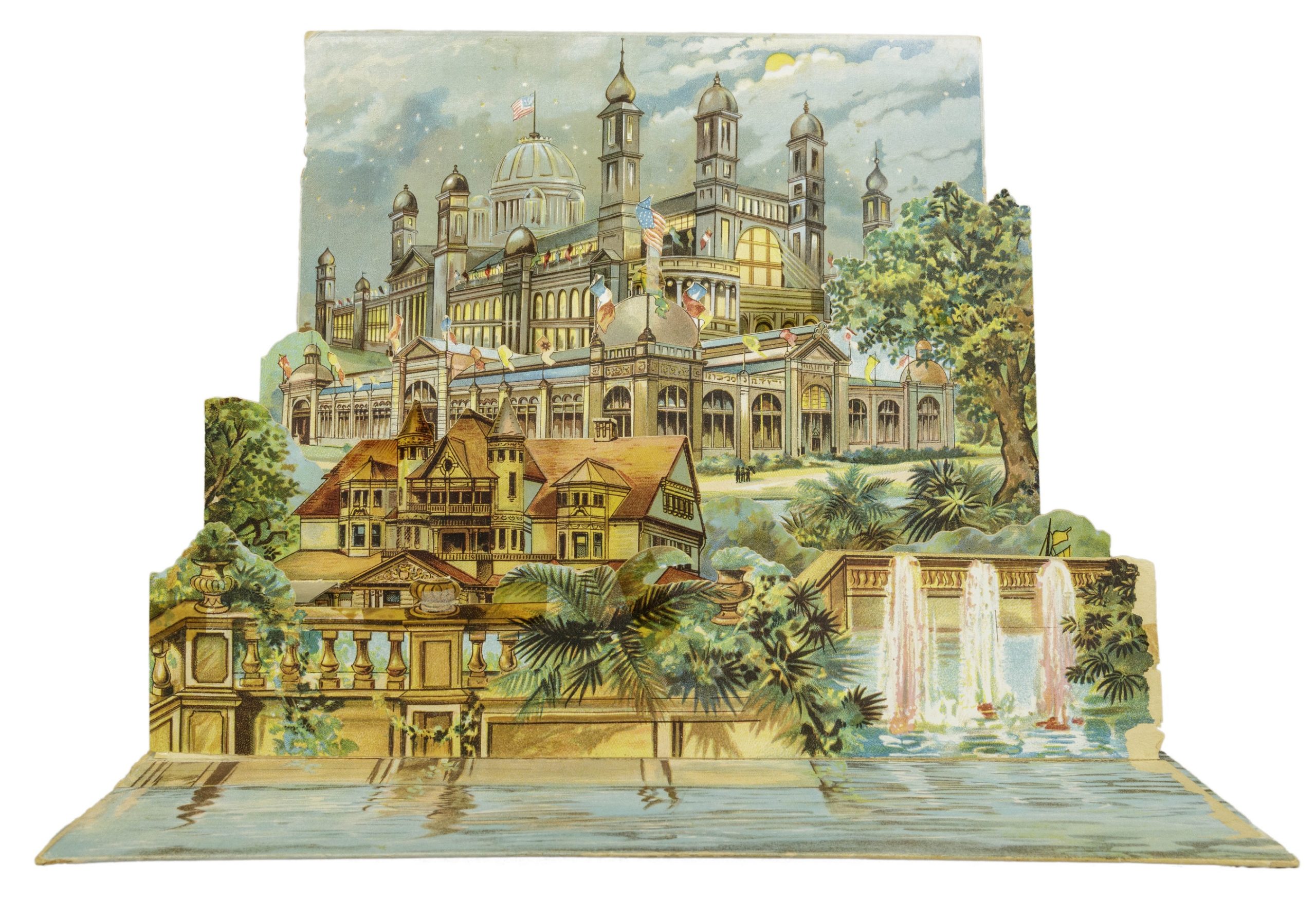 Sheets of paper layered one behind the other to create a 3D scene of buildings as if they rise up a hill. At the bottom is a body of water with fountains and a decorative balustrade running along its edge. Above this is a large neo-Romanesque house. Above this is an even larger rectangular building with grand entrances on each side, domes on the corners, and many flags. Above this is a cathedral-like building with tall windows filled with light and many domed towers. A US flag flies from its central, largest dome. The buildings are surrounded by lush plants.