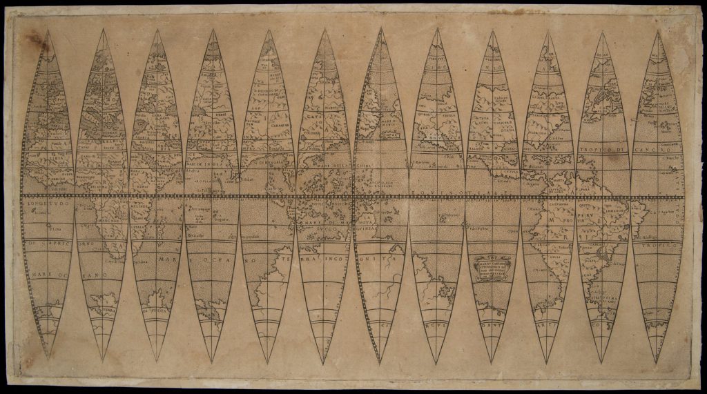 Black-and-white map of the world split over twelve gores.