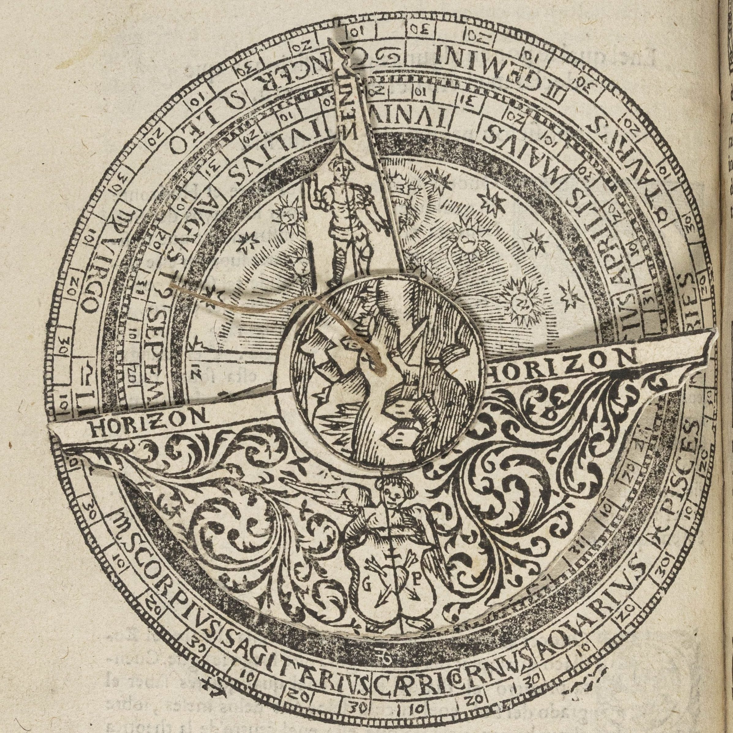 Printed circle with a movable dial in the center. The dial has three points, two across the diameter (each labeled "horizon") and one in the middle of these two, at right angles to the diameter (labeled "zenit" or "zenith"). The middle of the dial is decorated with a drawing of a mountain village. The circle underneath the dial is broken up into the astrological signs and the months of the year, with stars in other designs in the center. Below the image are a few lines of printed Latin.