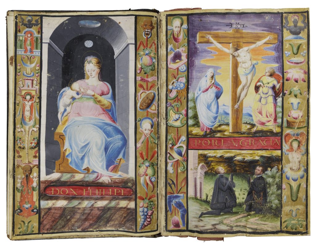 Two-page spread of an open book. On the right-hand page is an illumination of two white men kneeling in a garden. They look up to the illumination above them, which shows Jesus being crucified. On the left-hand side of the cross is a woman wearing a blue robe. On the right is a figure wearing colorful robes and a red cape. On the left-hand page is a full-page image of the Virgin Mary nursing the infant Jesus. She sits on a golden throne inside a marble arch. All the figures are white. The illuminations are bordered on the long sides by columns of small images.