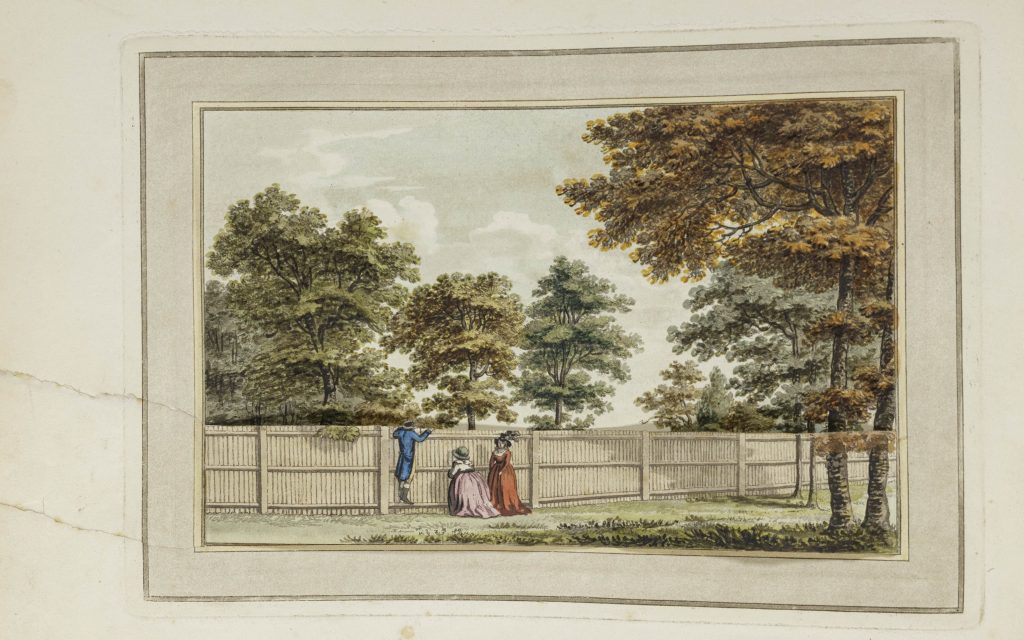 A colored drawing of a lightly wooded landscape. A fence runs across the image in the foreground, and two white women and a white man in period dress stand in front of it in the center of the image.