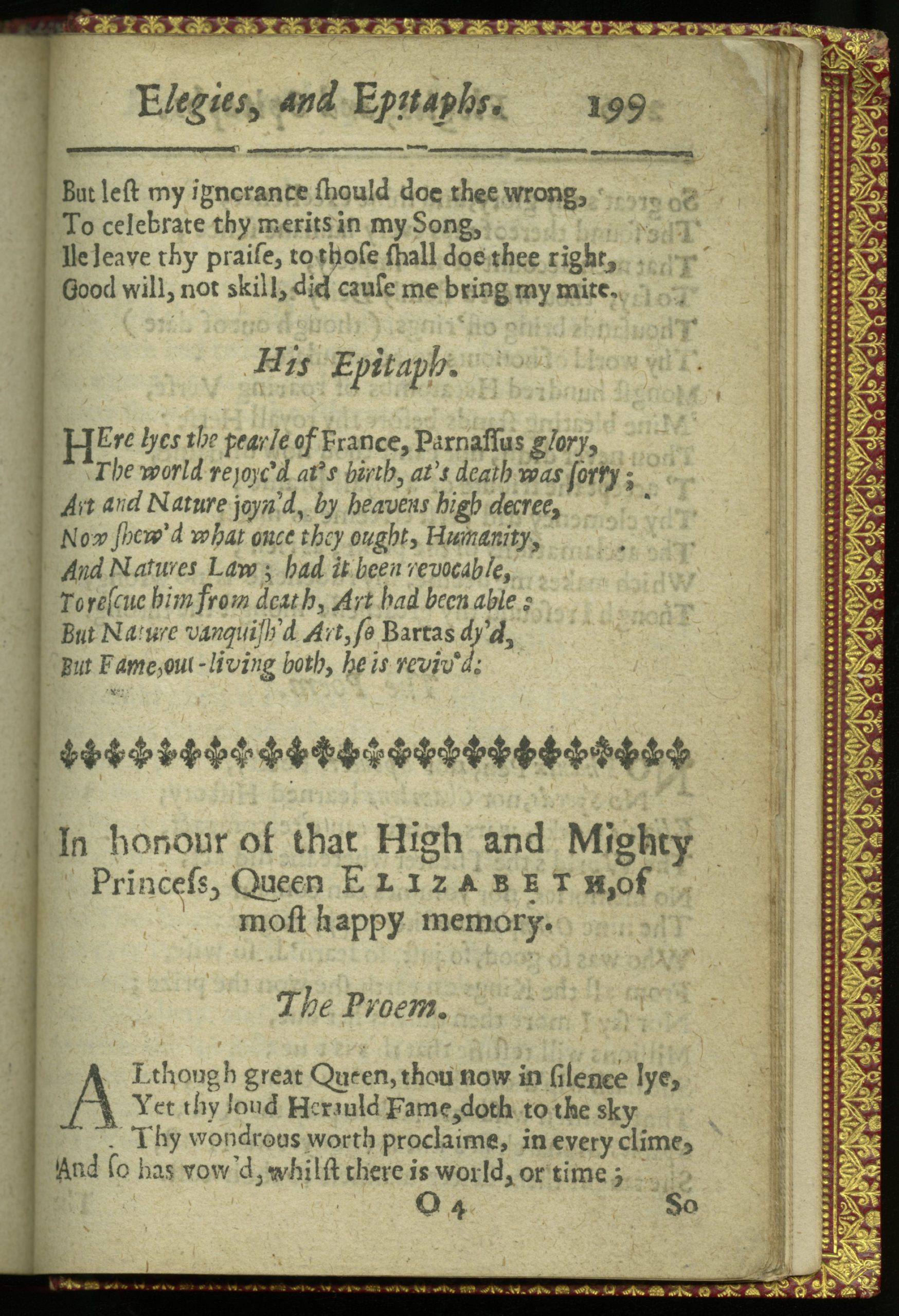 17th century page of printed text in rhyming couplets with decorative border. The letter S is printed with the character F.