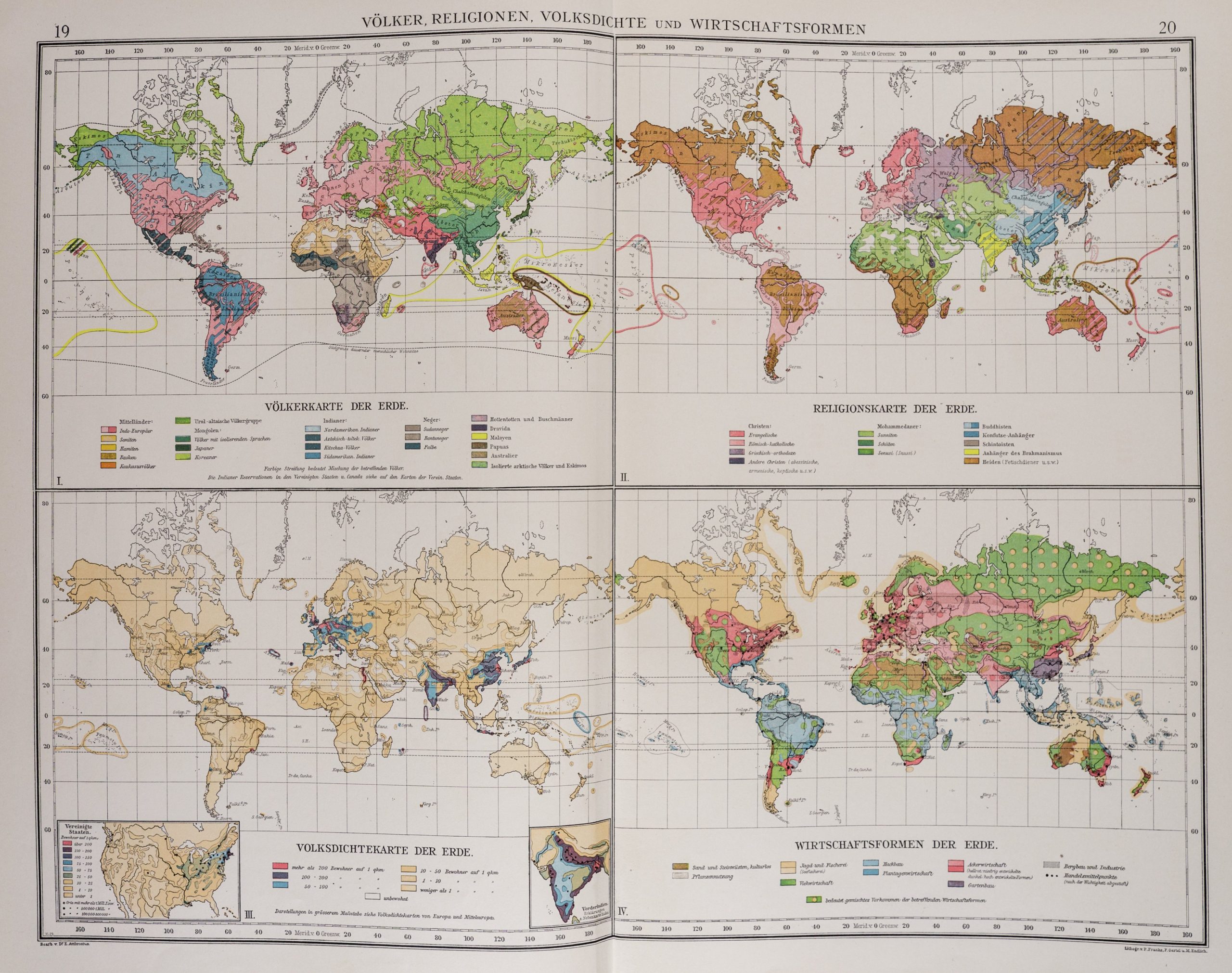 Cztery mapy świata, pokolorowane tak, aby przedstawiały różne cechy demograficzne, takie jak religia i pochodzenie etniczne.
