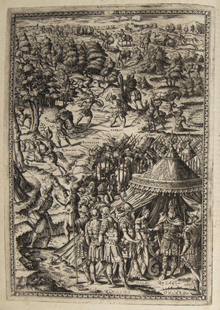 Lithograph of a number of knights and a woman gathered around a king in his tent. Through the landscape there are other scenes of knights' exploits.