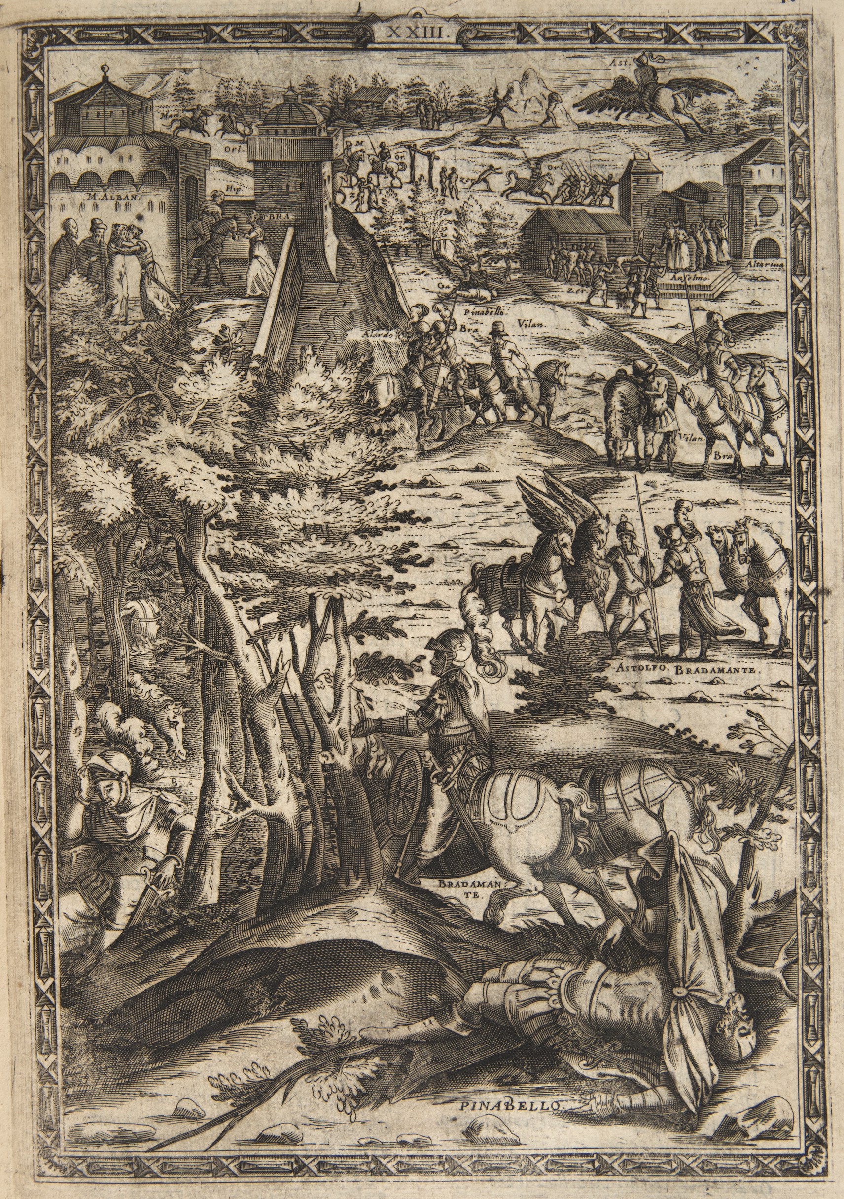 Lithograph knightly figures scattered through a landscape, showing various scenes from the epic.