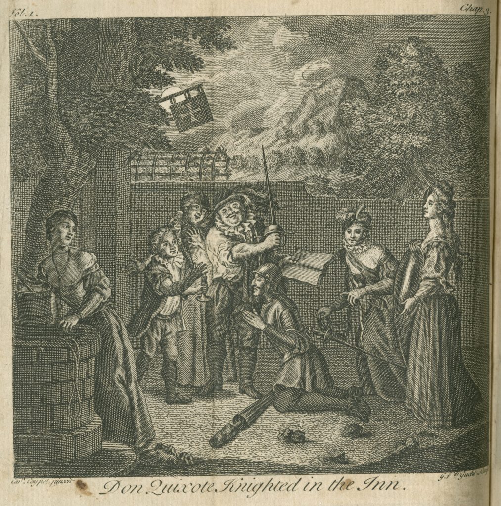 Lithograph of a knight kneeling in front of a man with a sword over his head and a book in his opposite hand. A number of women and a boy with a candle look on.