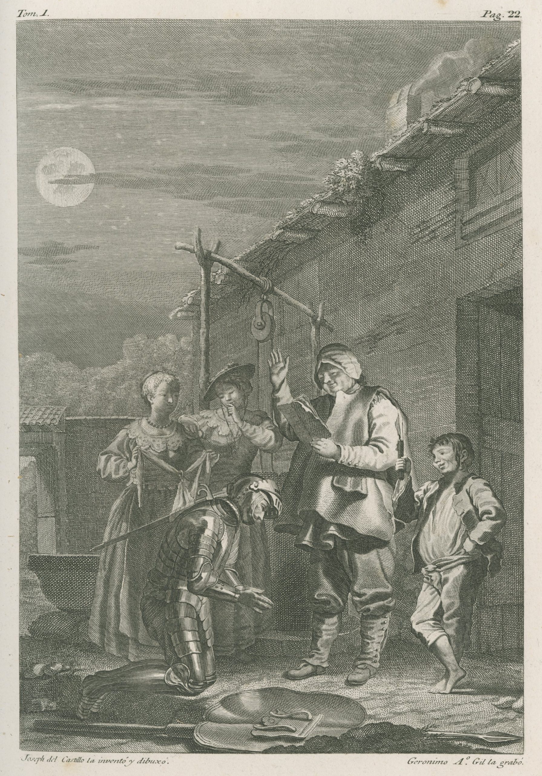 Lithograph image of a man in armor kneeling before another man who reads from a paper with his right hand raised in benediction. Two women and a boy look on.