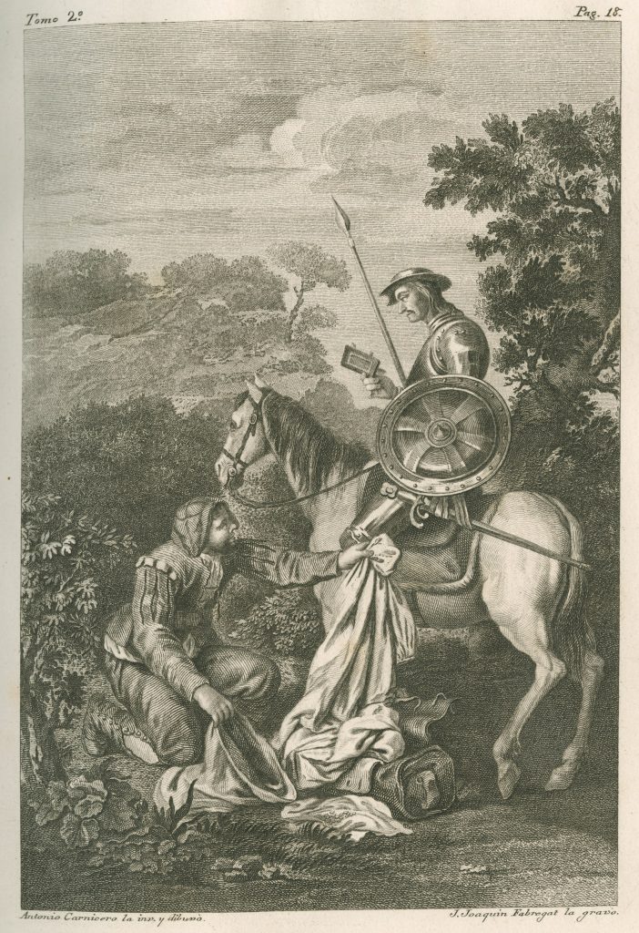 Lithograph of an armored man on horseback, reading a book with a man holding what appear to be white garments kneeling in front of him.