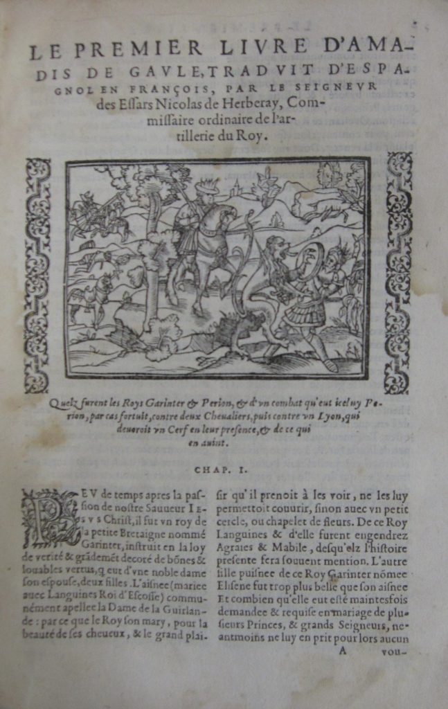 Page of text illustrated with a knight fighting a lion