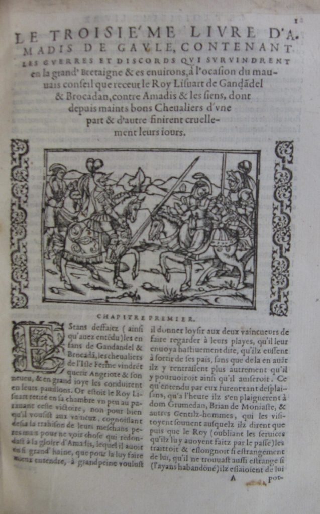 Page of text illustrated with a picture of men fighting on horseback