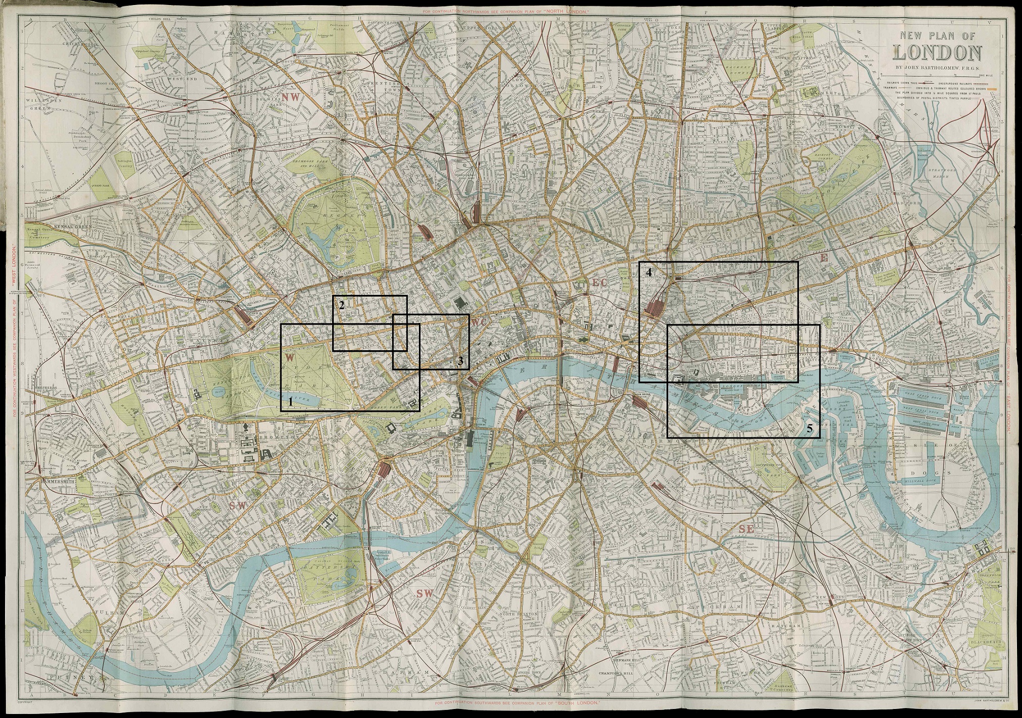 Map with five boxed and numbered sections