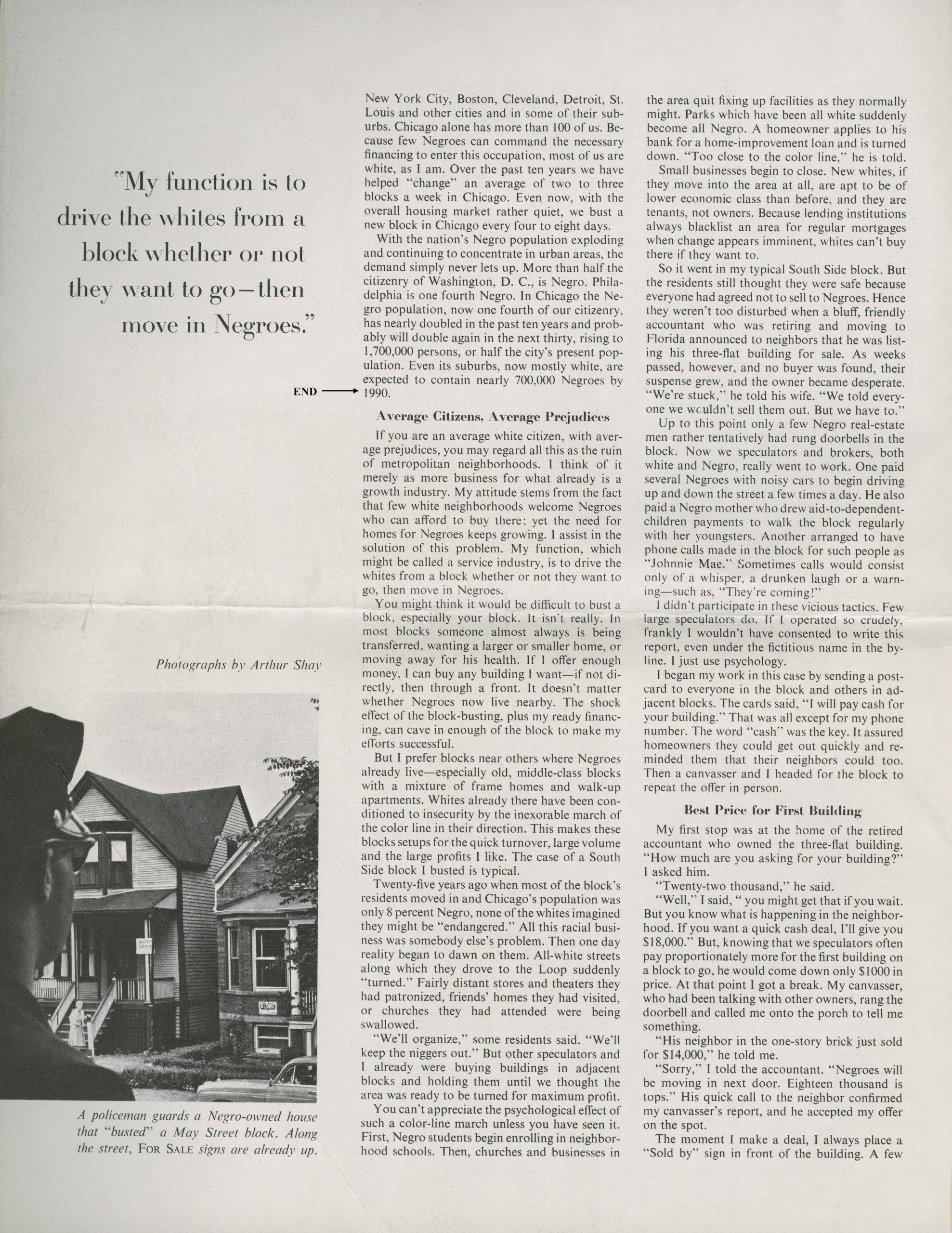 Page of newspaper with a black and white photo of a police officer watching two houses.